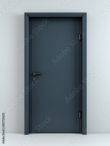 Contemporary interior door in matte blue with clean lines, simple handle, and lock set, framed against a light-colored wall for modern design themes