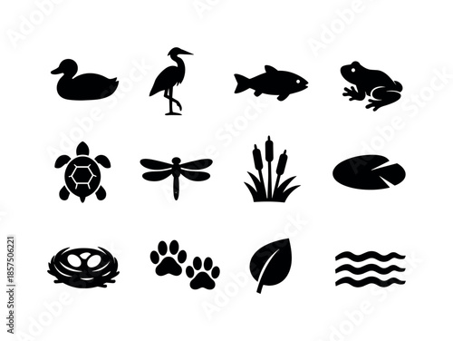 Lakeside Wildlife Icons. Lakeside wildlife. Solid icon set of lakeside wildlife: duck silhouette, heron silhouette, fish silhouette, frog silhouette, turtle