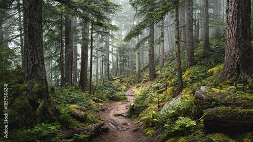 A winding dirt trail cuts through a misty evergreen forest, surrounded by moss-covered logs, rocks, and thick undergrowth. The towering trees and fog create a tranquil, mysterious atmosphere