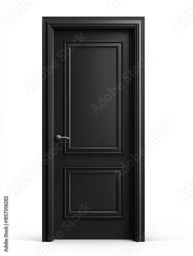 Sophisticated matte black interior door featuring a traditional raised panel design and silver handle. The door is set against a white background, highlighting its bold contrast and timeless elegance