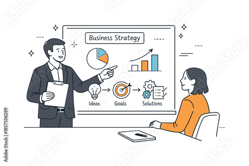 Consultant Insight Presentation. Business consulting overview. A consultant presenting insights on a clean board to a client. Professional guidance and