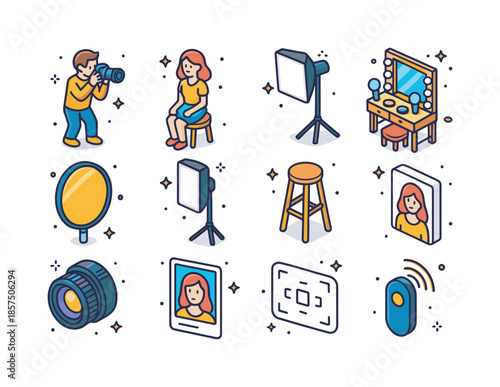 Colorful Portrait Photography Icons. Portrait photography. Colorful isometric vector icons set of Portrait photography: portrait photographer with camera,