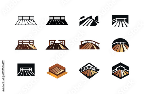 Wooden Deck Icon Set. A wooden deck. Icon set. Set Logo of a wooden deck: deck shadow pattern. harmonious logo variations of the same emblematic concept, each