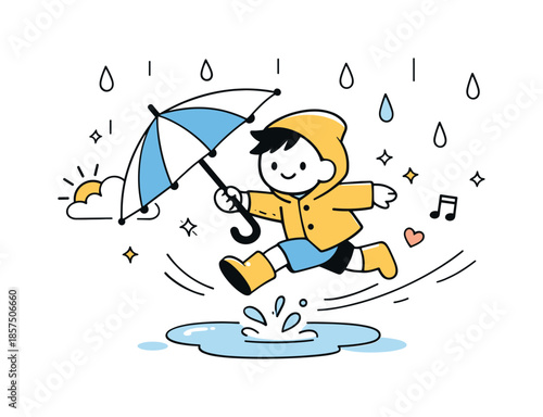 Joyful Rain Jump. Umbrella and rain elements. A childlike character jumping over a puddle with an umbrella tilted sideways, playful movement and lighthearted