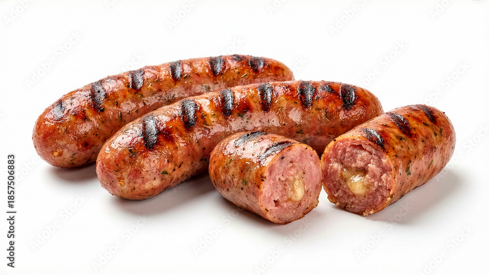 Fototapeta premium Linguiça Toscana, Grilled Cheese-Stuffed Sausages Isolated on White Background