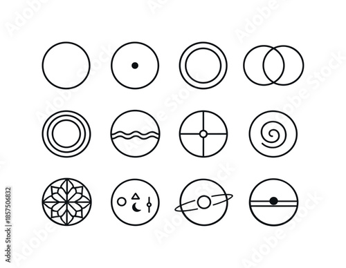 Minimal Sacred Circles. Sacred circle. Line icon set of minimal sacred circle motifs: simple ring, dot-in-circle, inner circle, twin circles, triple circle,