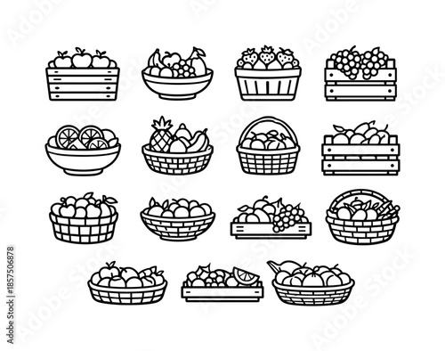 Fruit Basket Icons. Fruit baskets. Line icon set of Fruit baskets: apple basket, mixed fruit bowl, berry basket, grape crate, citrus bowl, tropical basket,