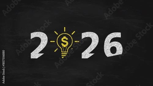2026 Chalk Write-on Animation on Blackboard With Yellow Light Bulb and Dollar Sign Symbol