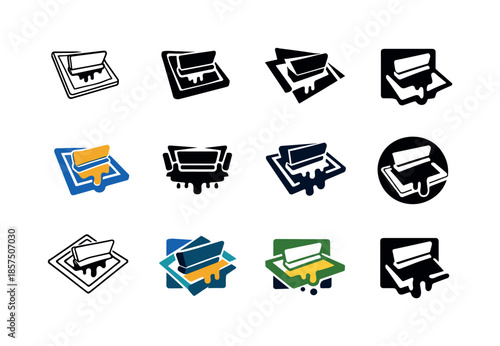Screen Print Logo Variations. artwork with a screen press. Icon set. Set Logo of artwork with a screen press: screen printing frame. harmonious logo variations