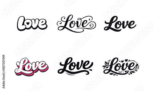 Love Lettering Variations. Gentle handwritten love. Set lettering. harmonious lettering variations of the same emblematic concept, each with different artistic