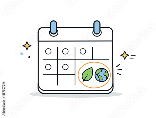 Earth Day Prep. Environmental / Earth Day pre-campaign icons (anticipatory). A minimal calendar page with a leaf and globe icon marked on an upcoming date,