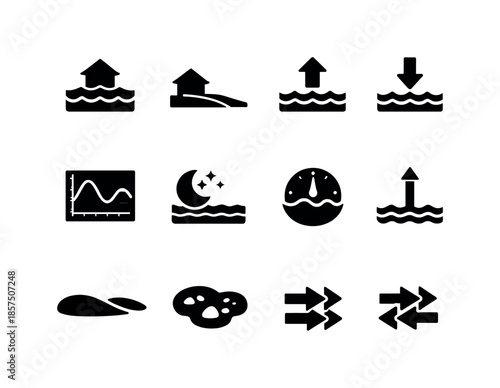 Tide Cycle Icons. Tide cycles. Solid icon set of tide cycles: high tide icon, low tide icon, rising tide arrow, falling tide arrow, tide chart, moon influence
