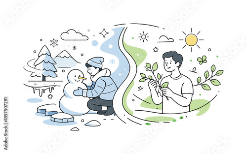 Seasons in Transition. Season transition split illustration. Half of the composition shows ice and snow, the other half shows buds and fresh leaves, connected