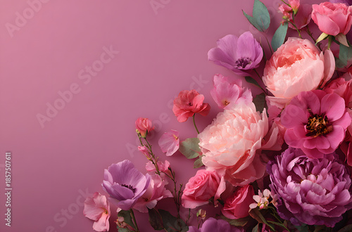 Peonies, roses on pink background with copy space. Abstract natural floral frame layout with text space. Romantic feminine composition. Wedding invitation. International Women day, Mother Day concept