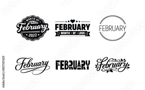 Diverse February Icons. February calendar stamp. Set lettering. harmonious lettering variations of the same emblematic concept, each with different artistic