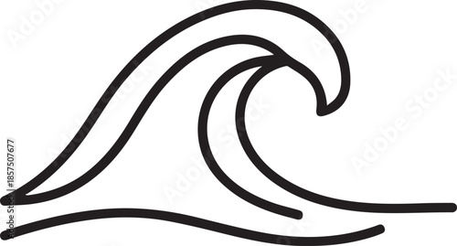 Minimalist black line art vector of a curling ocean wave. The design features clean, fluid strokes depicting a cresting swell, ideal for modern logos, surf themes, or decorative icons.