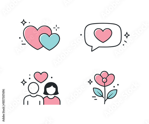 Minimalist Love Icons. Love and Relationships Icons. Editorial-style icon set showing hearts, message bubble, couple symbol and flower, visually consistent and