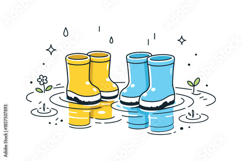 Spring Rain Boots. Spring Puddles and Rain Boots. Simple scene with colorful rain boots standing in a shallow puddle, light ripples spreading on the water.
