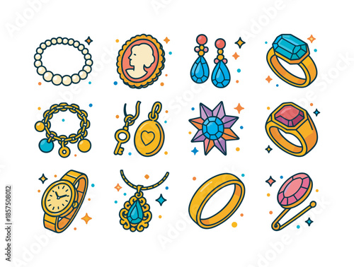 Vintage Jewelry Icons. Vintage Jewelry. Colorful isometric vector icons set of Vintage Jewelry: pearl necklace, cameo brooch, rhinestone earrings, art deco