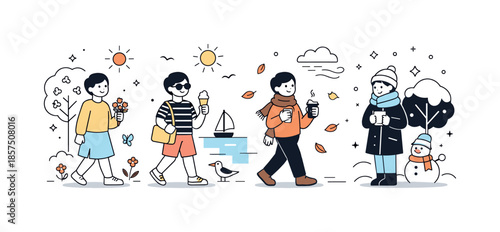 Seasonal Elegance. Seasonal lifestyle transition. A person experiencing different seasons through clothing and surroundings, from light spring to cozy winter.