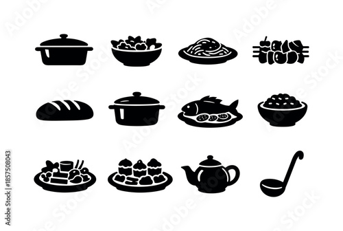 Family Meal Icons. Family gathering meals. Solid icon set of family gathering meals: large casserole, shared salad bowl, pasta dish, grilled vegetables, loaf