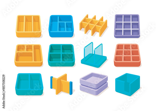 Colorful Drawer Dividers. Drawer dividers. Colorful flat vector icons set of drawer dividers: bamboo divider, plastic divider, adjustable divider, grid insert,
