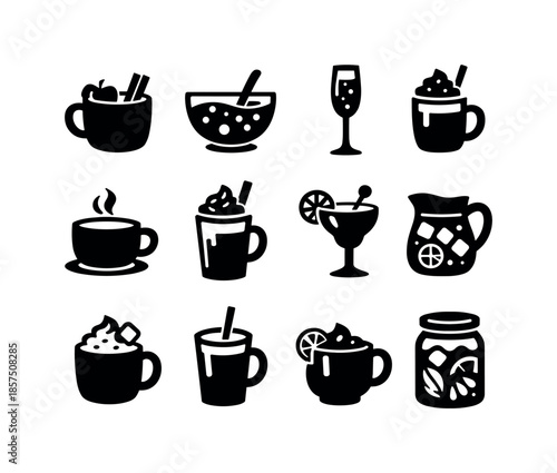 Holiday Drink Icons. Holiday beverages. Solid icon set of holiday beverages: hot cider mug, sparkling punch bowl, champagne flute, eggnog glass, warm tea cup,