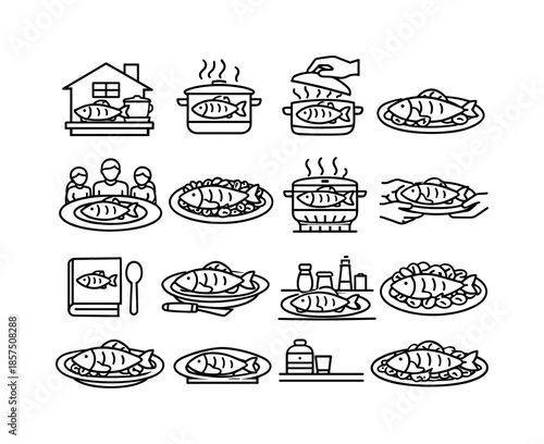 Steamed Fish Icons. Home Cooking Steamed Fish. Line icon set of Home Cooking Steamed Fish: home kitchen fish, pot steaming fish, lid lifting steam, simple