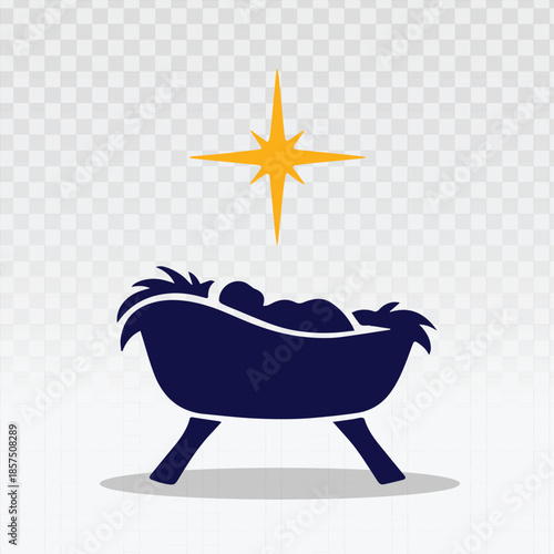 Silhouette of baby Jesus in a manger beneath a bright Bethlehem star. Flat vector illustration ideal for Christmas cards, religious holiday banners, church programs, and festive spiritual designs.