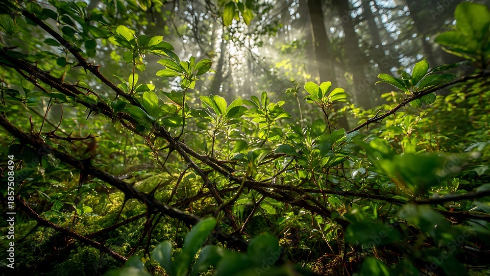 Fototapeta premium Thorny Thicket in Forest with Sunlight Filtering Through Lush Greenery