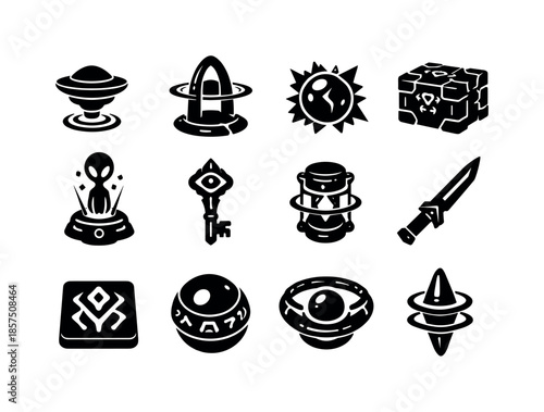 Alien Tech Icons. Lost alien technologies. Solid icon set of forgotten extraterrestrial tech: gravity module, teleport anchor, plasma core, sealed tech crate,