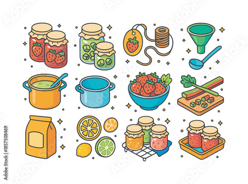 Spring Canning Icons. Spring canning and preserves. Colorful isometric vector icons set of Spring canning and preserves: jars of strawberry jam, jars of