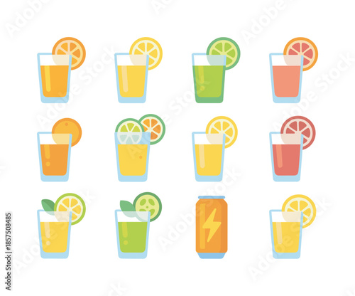 Vibrant Citrus Drinks. Citrus drinks. Colorful flat vector icons set of citrus drinks: orange drink, lemon drink, lime drink, grapefruit drink, mandarin juice,