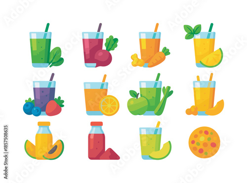Colorful Juice Icons. Juice trends. Colorful flat vector icons set of juice trends: cold-pressed green juice, beetroot blend, carrot ginger juice, pineapple