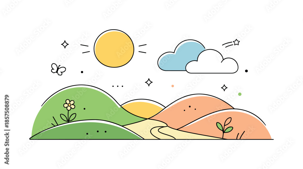 Fototapeta premium Spring Geometric Harmony. Abstract spring landscape. Soft geometric shapes forming hills, sun and clouds, modern decorative background with a calm