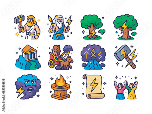 Mythic Thunder God Icons. Mythical thunder gods. Colorful isometric vector icons set of Mythical thunder gods: thunder god with hammer, thunder god with spear,