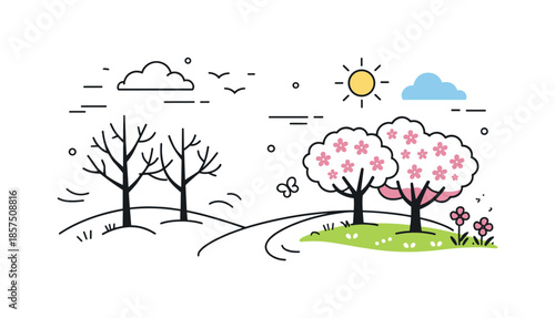 Spring Arrives. Seasonal transition landscape. A simple landscape with bare trees on one side and blooming trees on the other, visually telling the story of