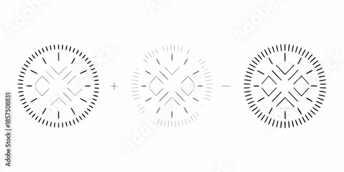Three circular diagrams with radial lines and a plus minus symbol