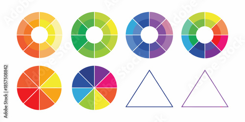 Colorful wheel charts and geometric shapes demonstrate basic design principles