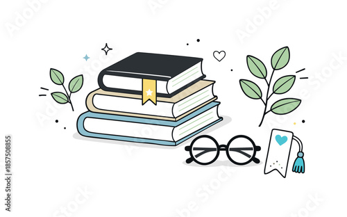 Peaceful Reading Elements. Book lover concept illustration. Stack of books, bookmark, glasses and leafy decor arranged neatly to suggest quiet reading moments