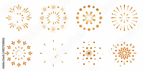 A collection of abstract golden firework shapes and burst designs on white