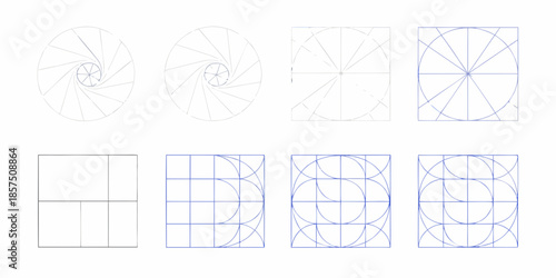 Geometric illustrations of spirals and squares following mathematical proportions