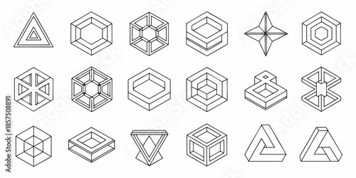 A collection of optical illusions featuring geometric shapes and impossible objects