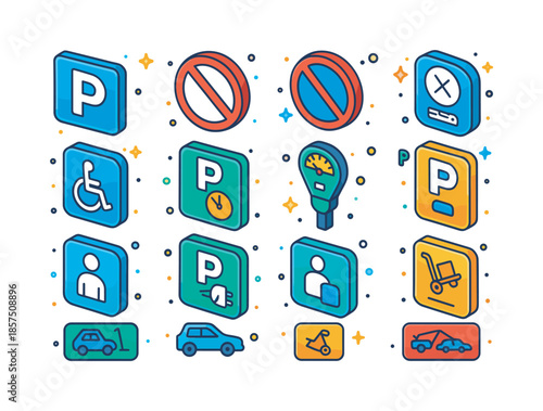 Colorful Parking Icons. Parking and restrictions. Colorful isometric vector icons set of Parking and restrictions: p parking sign, no parking sign, no stopping