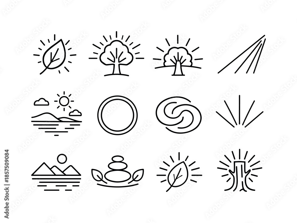 Fototapeta premium Light-Nature Icon Set. Light?Nature Harmony. Line icon set of Light?Nature Harmony: leaf with glow, tree with rays, sun behind trunk, gentle beam, peaceful