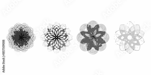 Abstract floral arrangements in grayscale showcasing varying degrees of complexity