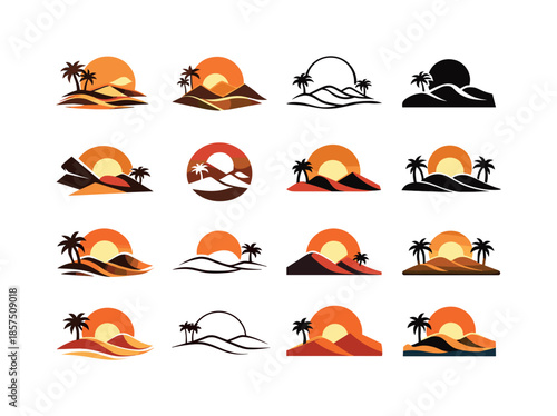 Sunset Icon Collection. Sunset. Icon set. Set Logo of sunset: desert sunset icon. harmonious logo variations of the same emblematic concept, each