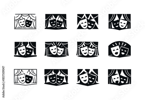 Theatrical Mask Logos. A live theater performance with actors wearing masks. Icon set. Set Logo of A live theater performance with actors wearing masks: mask