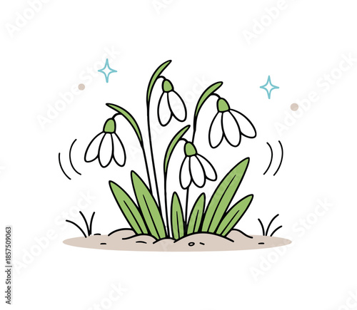 Gentle Snowdrop Awakening. Snowdrops early spring illustration. A small cluster of snowdrop flowers emerging from the ground, with light motion lines