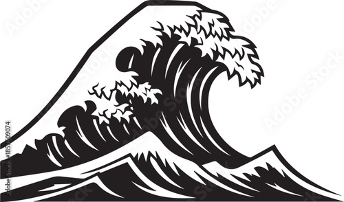 A bold black and white vector illustration of a massive, stylized ocean wave crashing forward with intricate foam patterns and spray droplets.